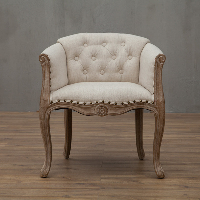 Traditional French Solid Wood & Linen Fabric Upholstered Accent Chair With Armrests And Backrest For Living Room