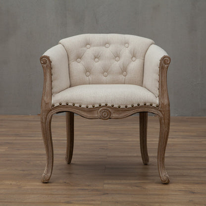 Traditional French Solid Wood & Linen Fabric Upholstered Accent Chair With Armrests And Backrest For Living Room