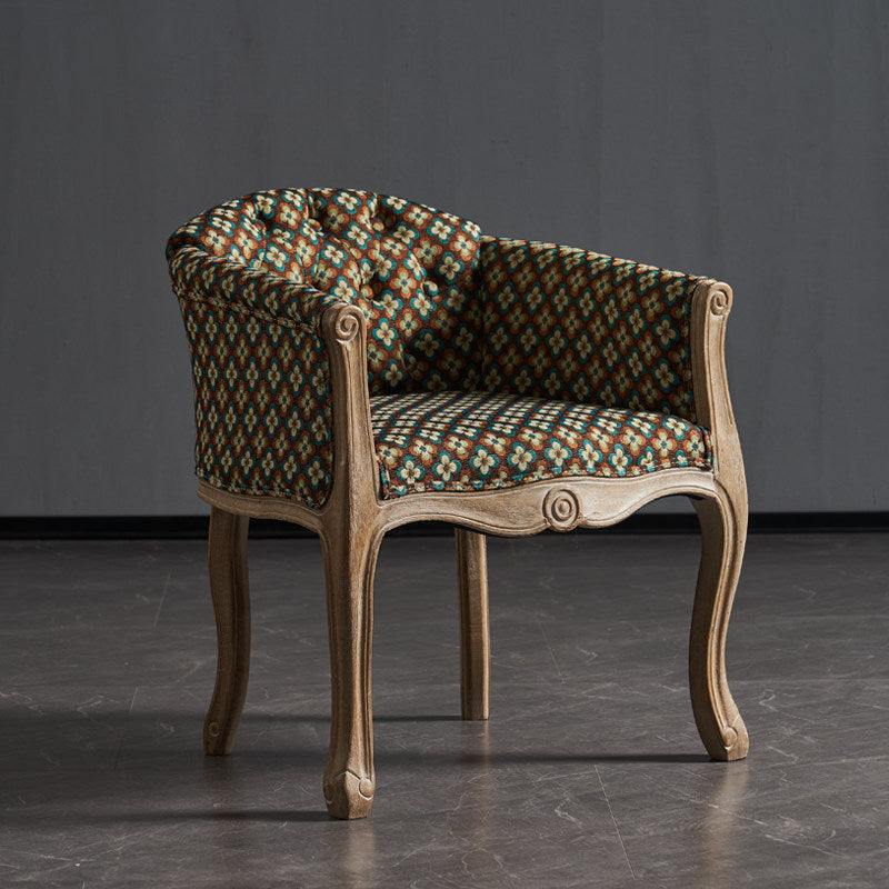 Traditional French Solid Wood & Linen Fabric Upholstered Accent Chair With Armrests And Backrest For Living Room