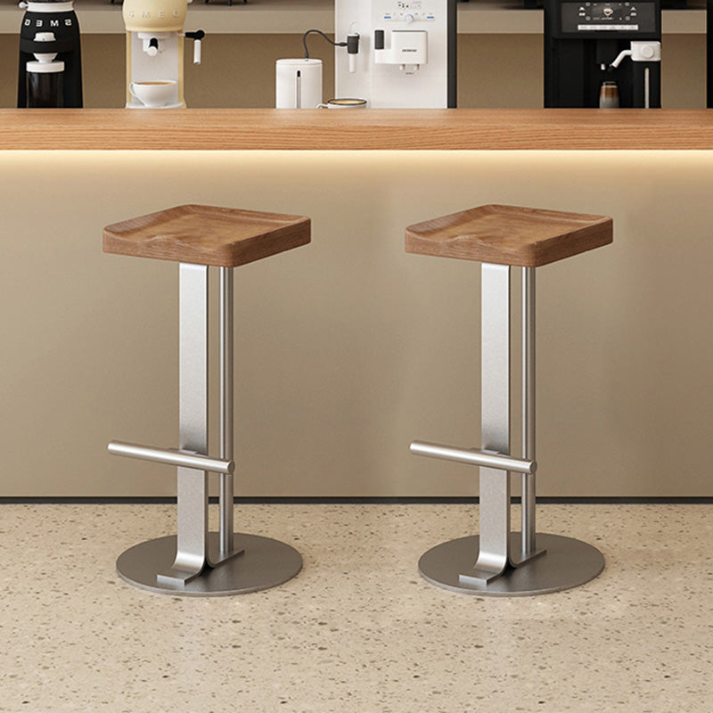 Modern Minimalist Rectangular Wrought Iron Solid Wood Bar Stool With Footrest For Dining Room