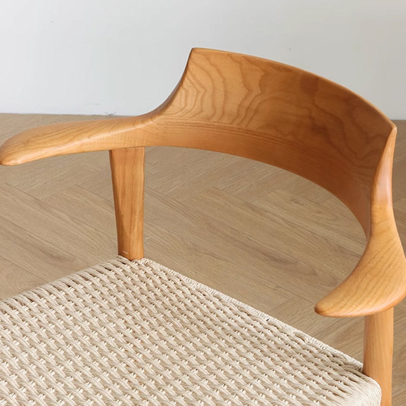 Modern Mid-Century Solid Wood Kraft Paper Rope Weaving PU Leather Dining Chair With Horn-Back Design & Backrest For Dining Room