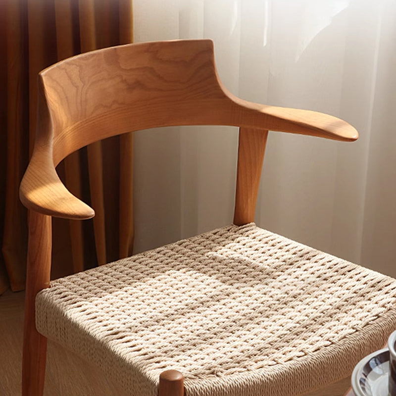 Modern Mid-Century Solid Wood Kraft Paper Rope Weaving PU Leather Dining Chair With Horn-Back Design & Backrest For Dining Room
