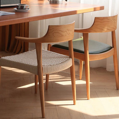 Modern Mid-Century Solid Wood Kraft Paper Rope Weaving PU Leather Dining Chair With Horn-Back Design & Backrest For Dining Room