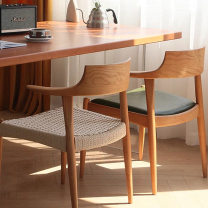 Modern Mid-Century Solid Wood Kraft Paper Rope Weaving PU Leather Dining Chair With Horn-Back Design & Backrest For Dining Room