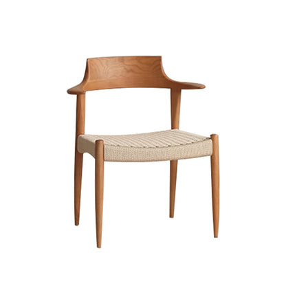 Modern Mid-Century Solid Wood Kraft Paper Rope Weaving PU Leather Dining Chair With Horn-Back Design & Backrest For Dining Room