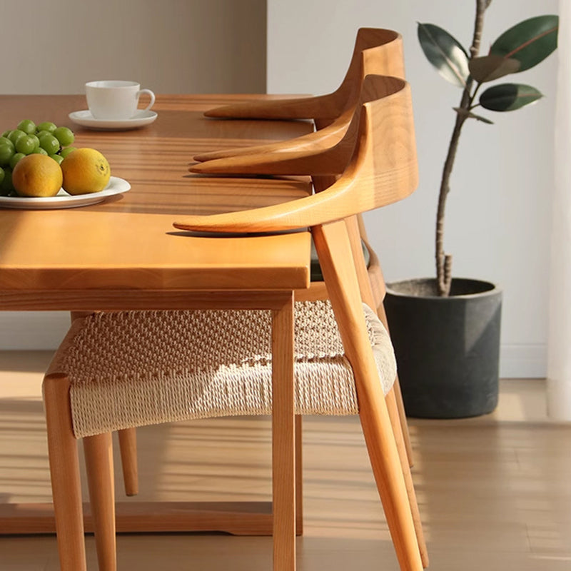 Modern Mid-Century Solid Wood Kraft Paper Rope Weaving PU Leather Dining Chair With Horn-Back Design & Backrest For Dining Room