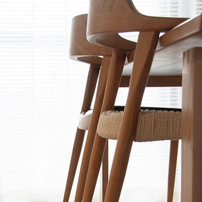 Modern Mid-Century Solid Wood Kraft Paper Rope Weaving PU Leather Dining Chair With Horn-Back Design & Backrest For Dining Room