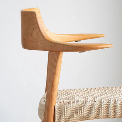 Modern Mid-Century Solid Wood Kraft Paper Rope Weaving PU Leather Dining Chair With Horn-Back Design & Backrest For Dining Room