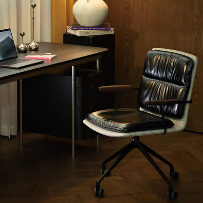 Modern Luxury Genuine Leather Solid Wood Aluminum Alloy Ergonomic Desk Chair With Swivel & Mobility For Home Office And Bedroom