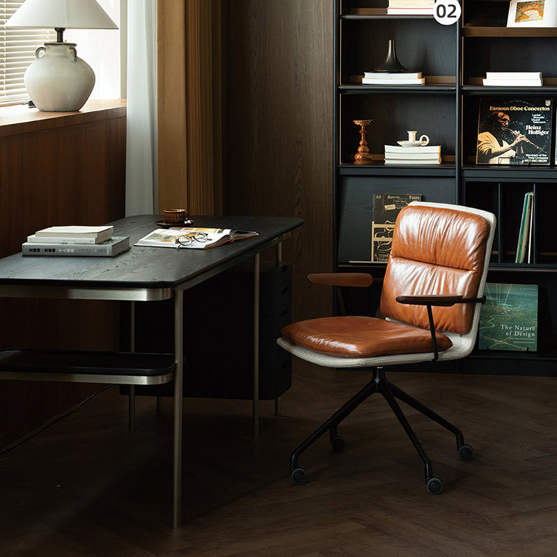 Modern Luxury Genuine Leather Solid Wood Aluminum Alloy Ergonomic Desk Chair With Swivel & Mobility For Home Office And Bedroom