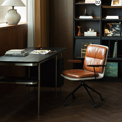 Modern Luxury Genuine Leather Solid Wood Aluminum Alloy Ergonomic Desk Chair With Swivel & Mobility For Home Office And Bedroom