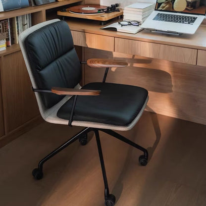 Modern Luxury Genuine Leather Solid Wood Aluminum Alloy Ergonomic Desk Chair With Swivel & Mobility For Home Office And Bedroom