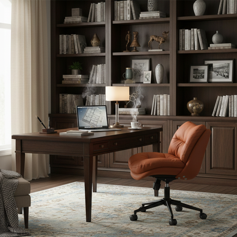 Modern Minimalist Solid Wood & Plywood Steel Upholstered Rolling Desk Chair With Adjustable Height Swivel Design For Bedroom