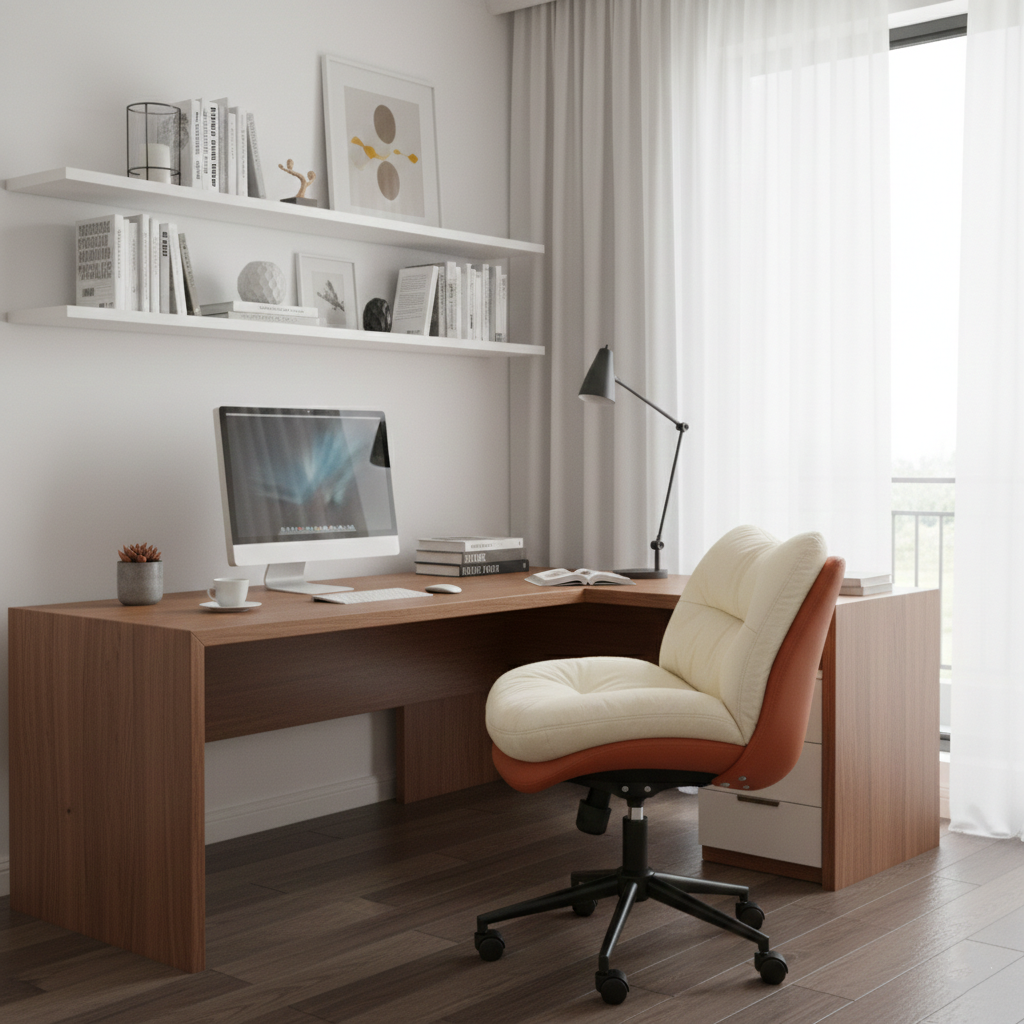 Modern Minimalist Solid Wood & Plywood Steel Upholstered Rolling Desk Chair With Adjustable Height Swivel Design For Bedroom