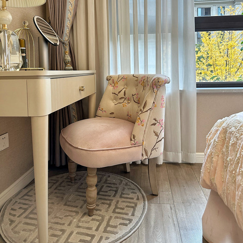 Traditional French Velvet Fabric Solid Wood Upholstered Rounded Vanity Stool With Backrest For Bedroom