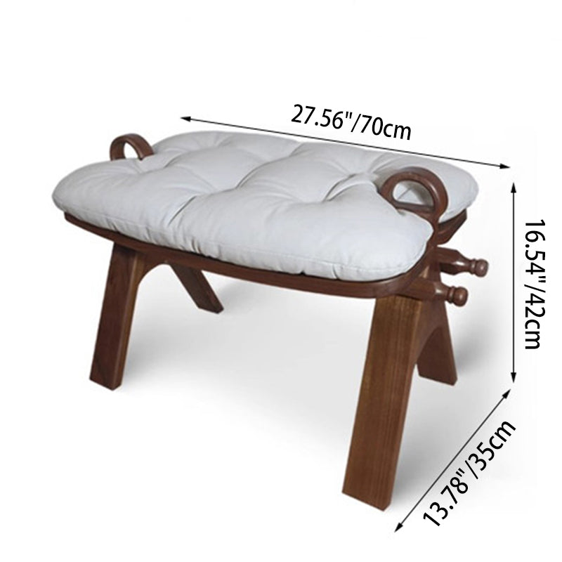 Contemporary Retro Top Grain Leather Curved Rectangular Low Stool With Solid Wood Base For Bedroom & Living Room