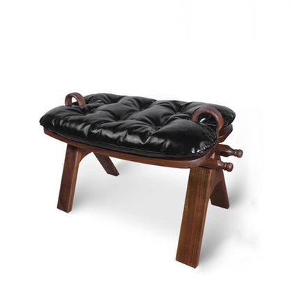 Contemporary Retro Top Grain Leather Curved Rectangular Low Stool With Solid Wood Base For Bedroom & Living Room