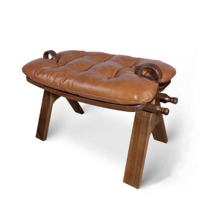 Contemporary Retro Top Grain Leather Curved Rectangular Low Stool With Solid Wood Base For Bedroom & Living Room