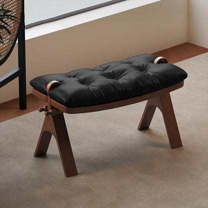 Contemporary Retro Top Grain Leather Curved Rectangular Low Stool With Solid Wood Base For Bedroom & Living Room