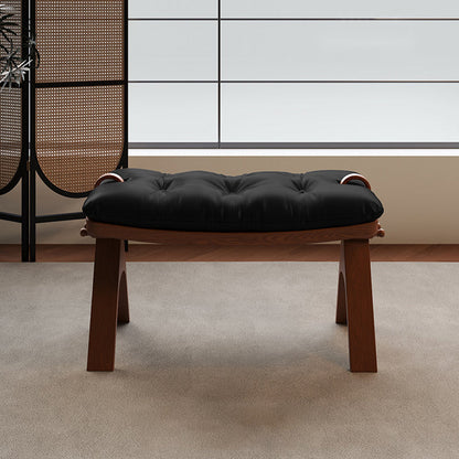 Contemporary Retro Top Grain Leather Curved Rectangular Low Stool With Solid Wood Base For Bedroom & Living Room