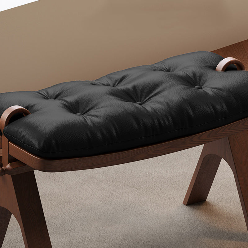 Contemporary Retro Top Grain Leather Curved Rectangular Low Stool With Solid Wood Base For Bedroom & Living Room