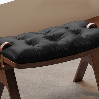 Contemporary Retro Top Grain Leather Curved Rectangular Low Stool With Solid Wood Base For Bedroom & Living Room