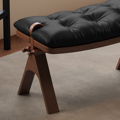 Contemporary Retro Top Grain Leather Curved Rectangular Low Stool With Solid Wood Base For Bedroom & Living Room