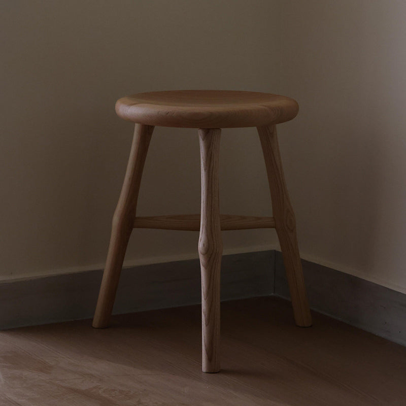 Traditional Japanese Solid Ash Wood Round Stool For Living Room