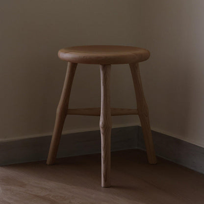 Traditional Japanese Solid Ash Wood Round Stool For Living Room