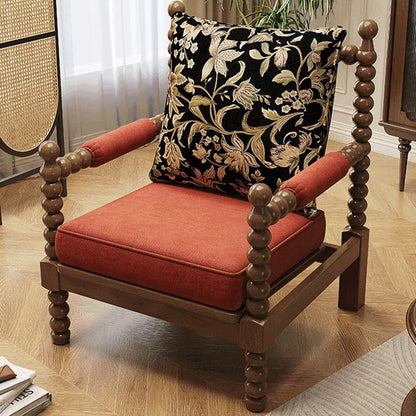 Traditional French Solid Wood Fabric Linen Upholstered Accent Chair With Backrest & Armrests For Living Room