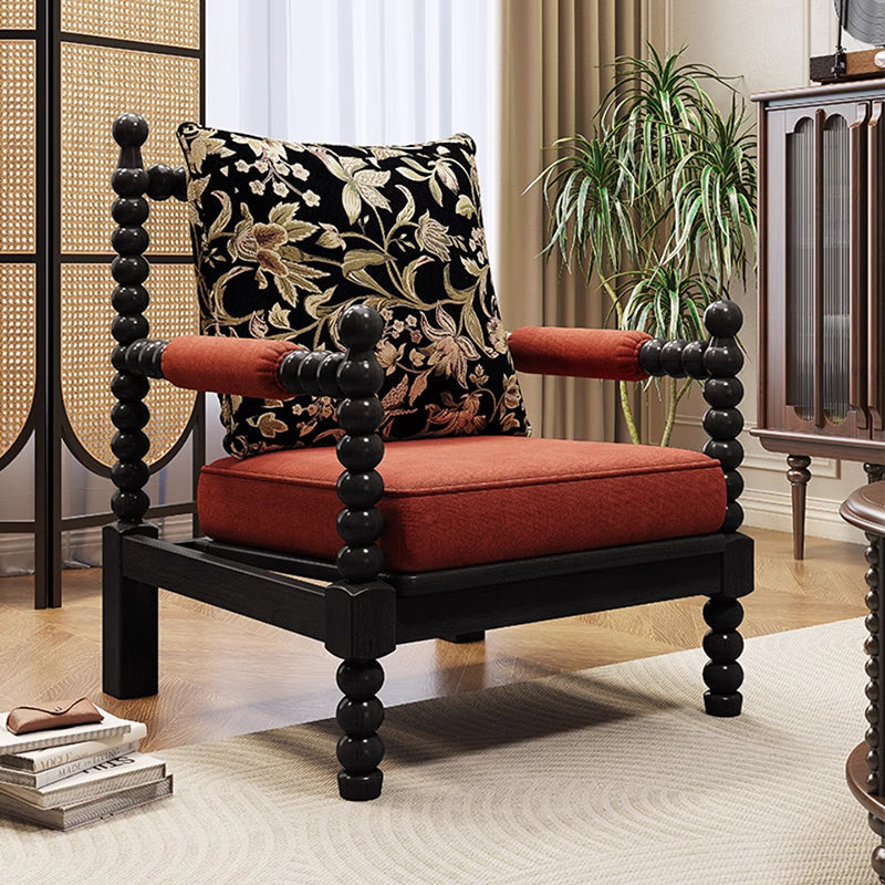 Traditional French Solid Wood Fabric Linen Upholstered Accent Chair With Backrest & Armrests For Living Room