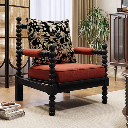 Traditional French Solid Wood Fabric Linen Upholstered Accent Chair With Backrest & Armrests For Living Room