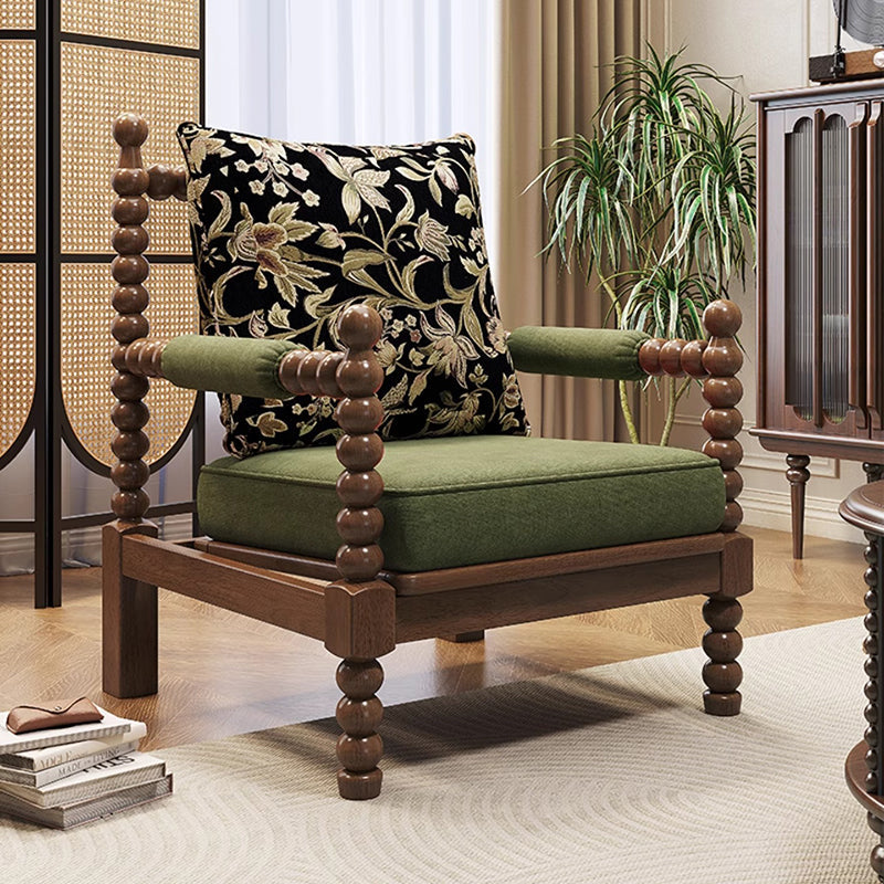 Traditional French Solid Wood Fabric Linen Upholstered Accent Chair With Backrest & Armrests For Living Room