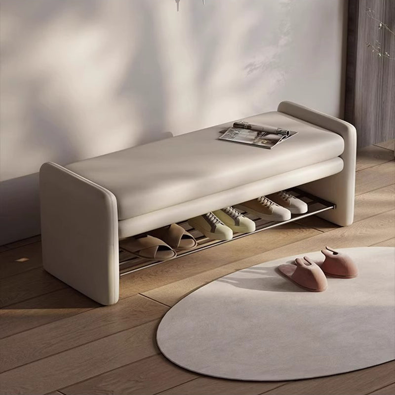 Modern Luxury Cat Scratch Leather Plywood Metal Rounded Rectangular Shoe Bench With Storage For Entryway