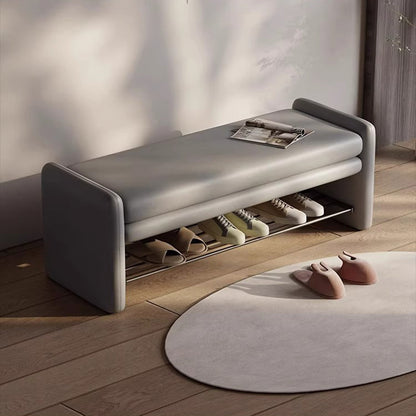 Modern Luxury Cat Scratch Leather Plywood Metal Rounded Rectangular Shoe Bench With Storage For Entryway