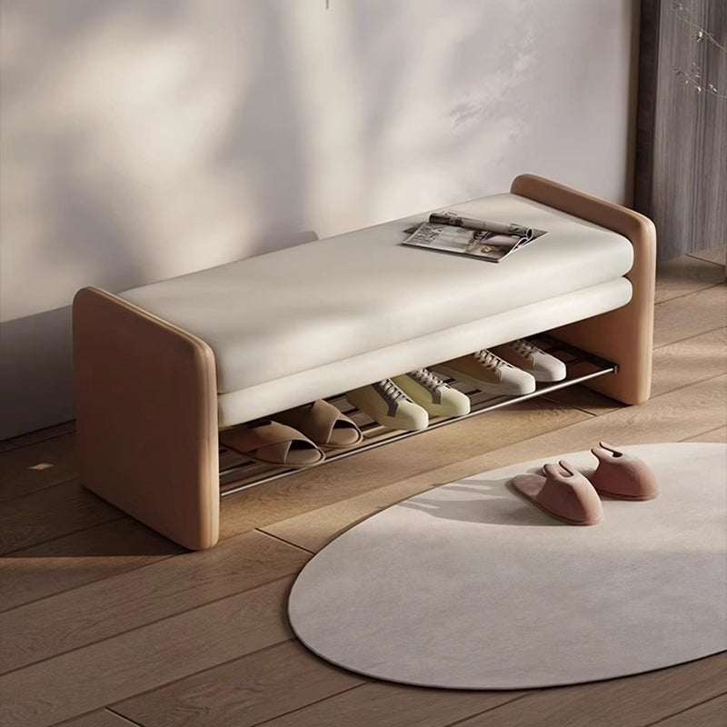 Modern Luxury Cat Scratch Leather Plywood Metal Rounded Rectangular Shoe Bench With Storage For Entryway