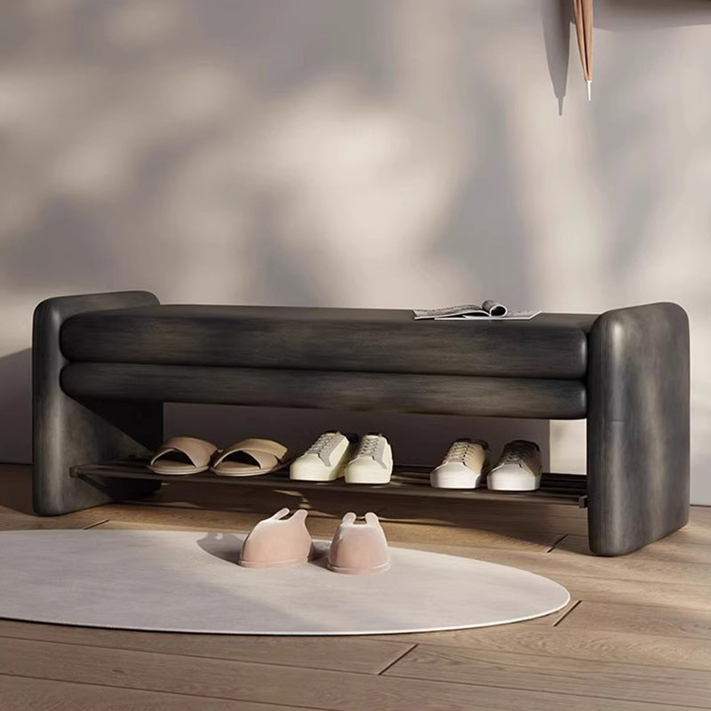 Modern Luxury Cat Scratch Leather Plywood Metal Rounded Rectangular Shoe Bench With Storage For Entryway