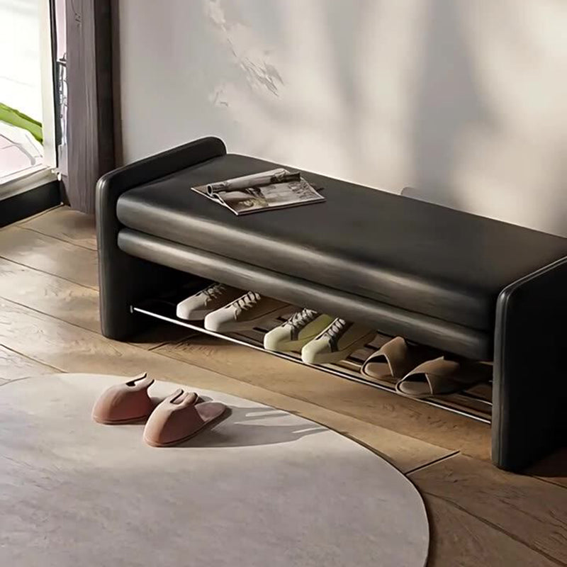 Modern Luxury Cat Scratch Leather Plywood Metal Rounded Rectangular Shoe Bench With Storage For Entryway