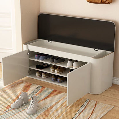 Contemporary Nordic Eco Board & Faux Leather Rounded Rectangular Shoe Bench With 3-Tier Storage For Entryway
