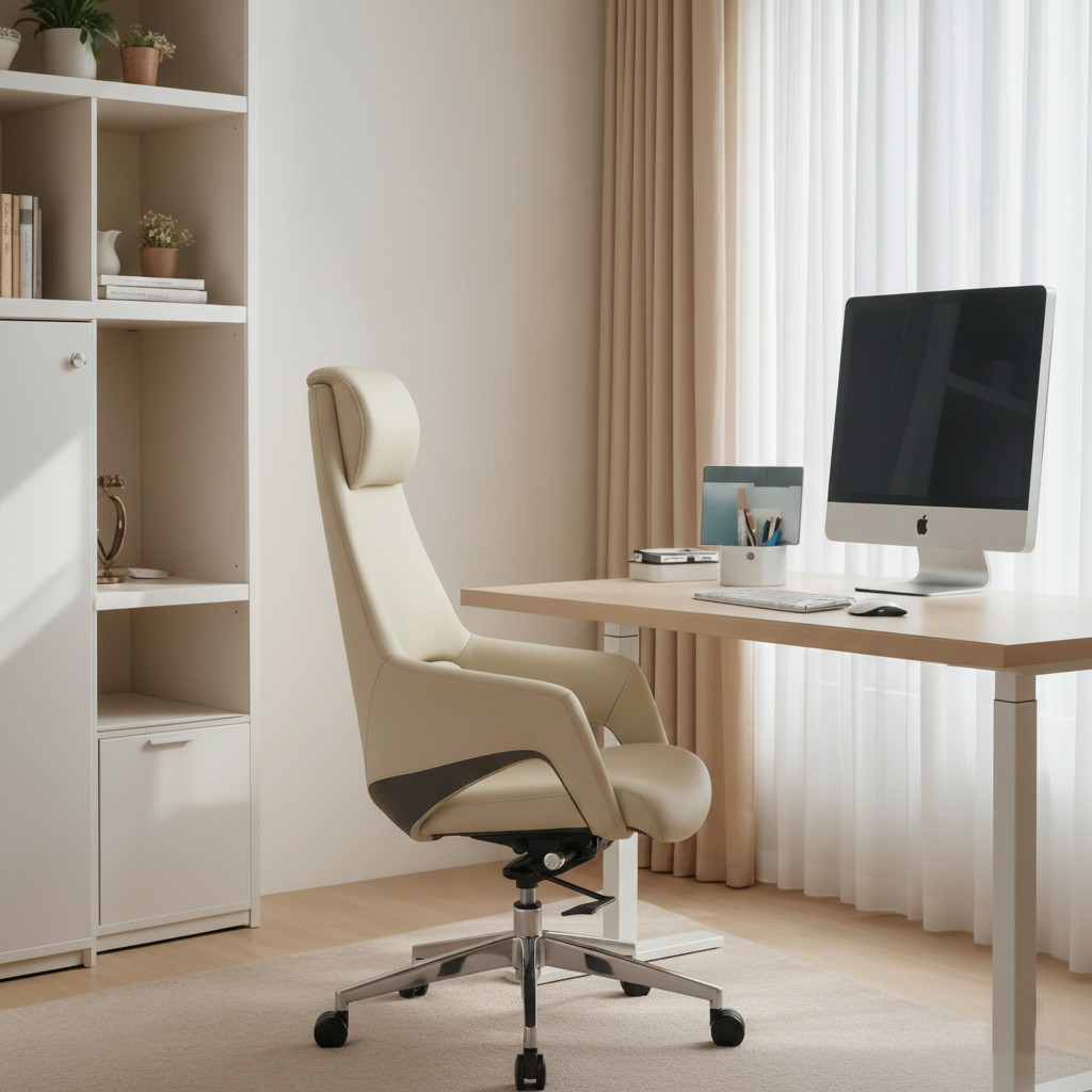 Modern Luxury Ergonomic Executive Office Chair - Adjustable Height Swivel Leather Plywood Metal Desk Chair With Wheels, Reclining Function & Aluminum Base