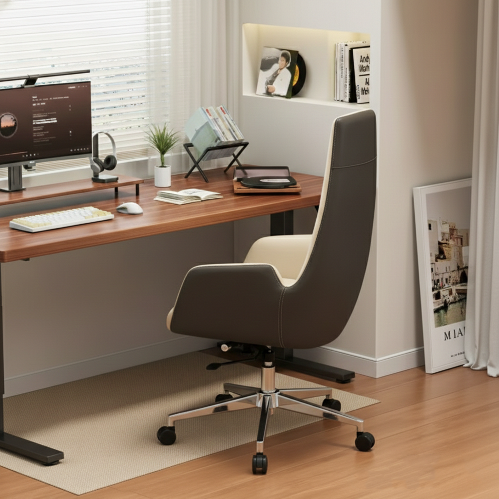 Modern Luxury Ergonomic Executive Chair - Leather Plywood Metal Office High Back Desk Chair With Adjustable Height, Swivel Wheels & Reclining Function