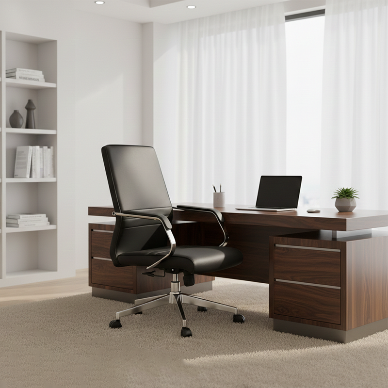 Modern Minimalist Ergonomic Mid-Back Office Chair - Adjustable Height Swivel Leather Plywood Metal Desk Chair With Wheels And Reclining Function