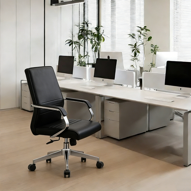 Modern Minimalist Ergonomic Mid-Back Office Chair - Adjustable Height Swivel Leather Plywood Metal Desk Chair With Wheels And Reclining Function