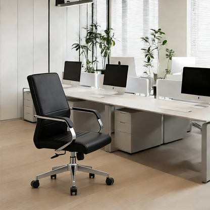 Modern Minimalist Ergonomic Mid-Back Office Chair - Adjustable Height Swivel Leather Plywood Metal Desk Chair With Wheels And Reclining Function