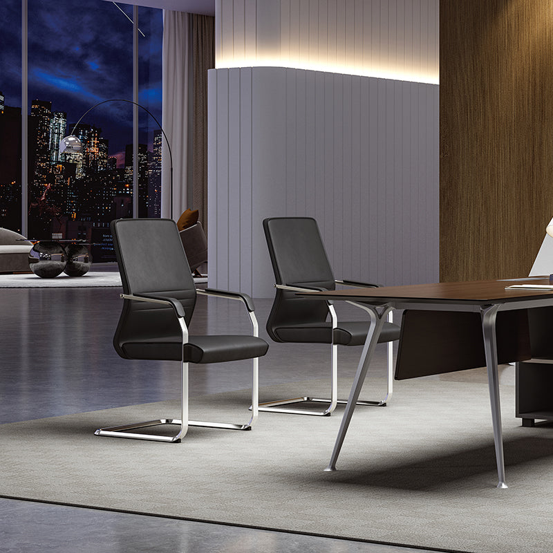 Modern Minimalist Leather Plywood Metal Conference Chair Ergonomic Guest Desk Chair Sled Base Executive Meeting Chair For Office Reception Set Of 4