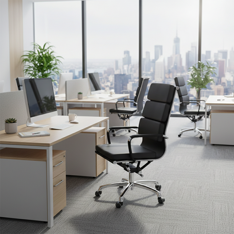Modern Mid-Back Leather Office Chair Set - Ergonomic Aluminum Alloy Executive Swivel Meeting Chair With Wheels & Adjustable Height