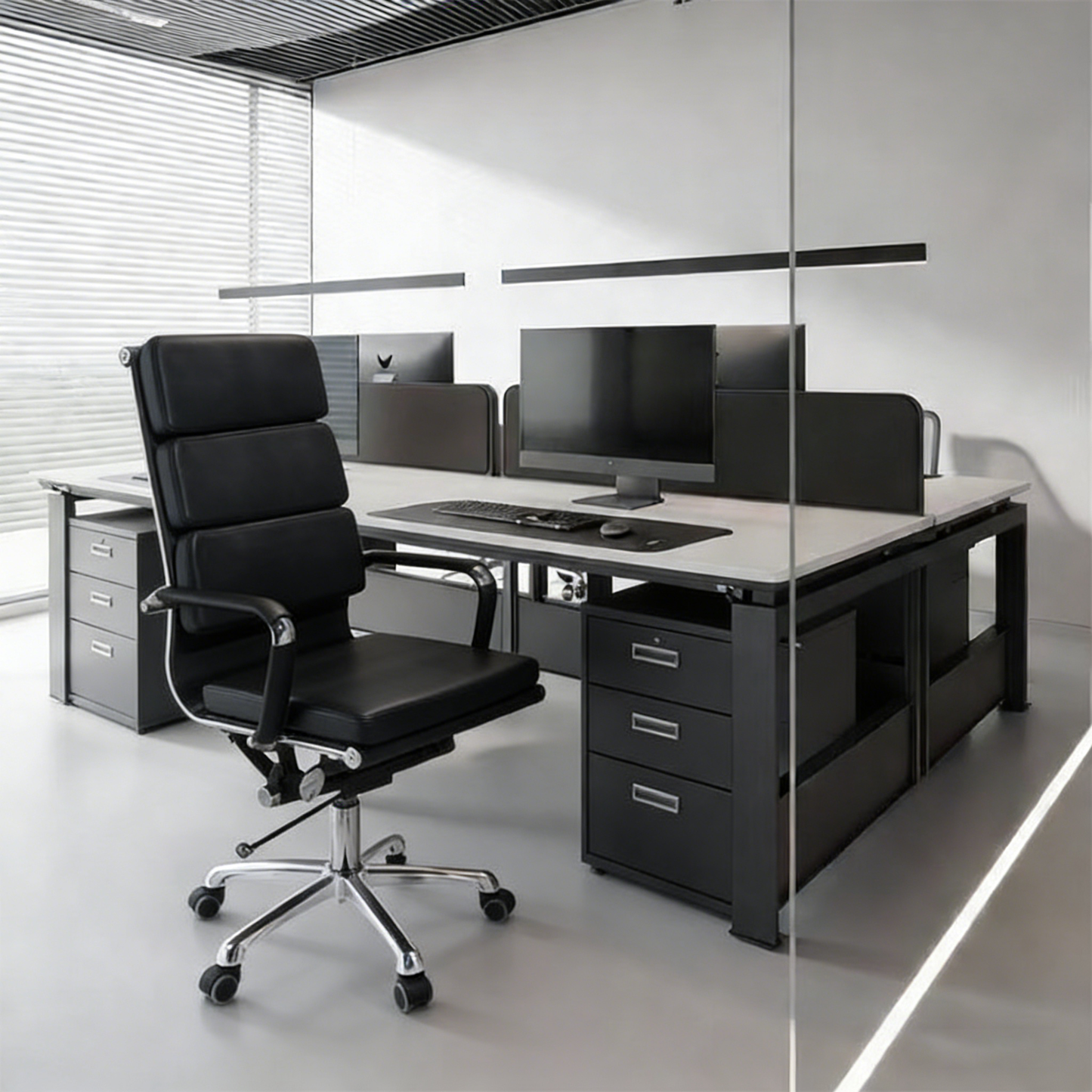 Modern Mid-Back Leather Office Chair Set - Ergonomic Aluminum Alloy Executive Swivel Meeting Chair With Wheels & Adjustable Height
