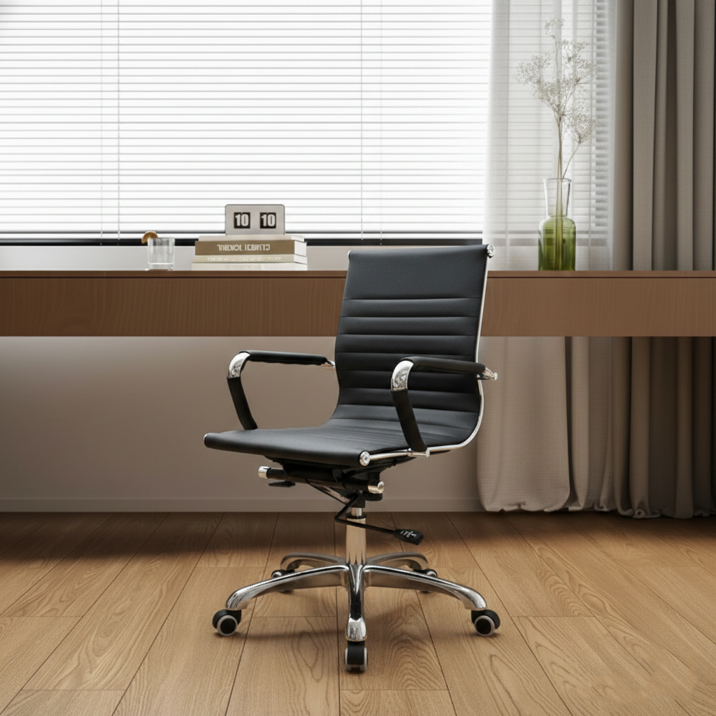 Modern Minimalist Ergonomic Leather Office Chair With Adjustable Height & Swivel Wheels - Mid Back Task Chair With Aluminum Base For Home Office Conference Use