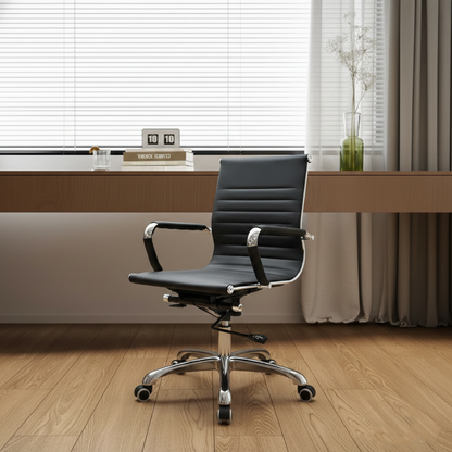 Modern Minimalist Ergonomic Leather Office Chair With Adjustable Height & Swivel Wheels - Mid Back Task Chair With Aluminum Base For Home Office Conference Use