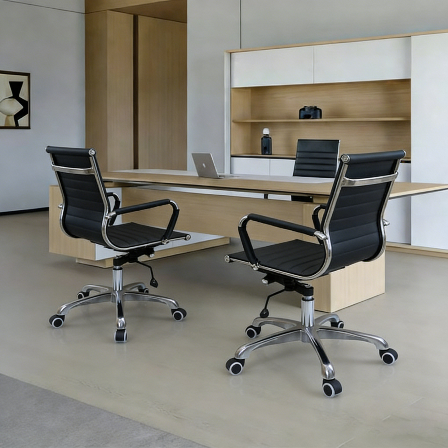 Modern Minimalist Ergonomic Leather Office Chair With Adjustable Height & Swivel Wheels - Mid Back Task Chair With Aluminum Base For Home Office Conference Use